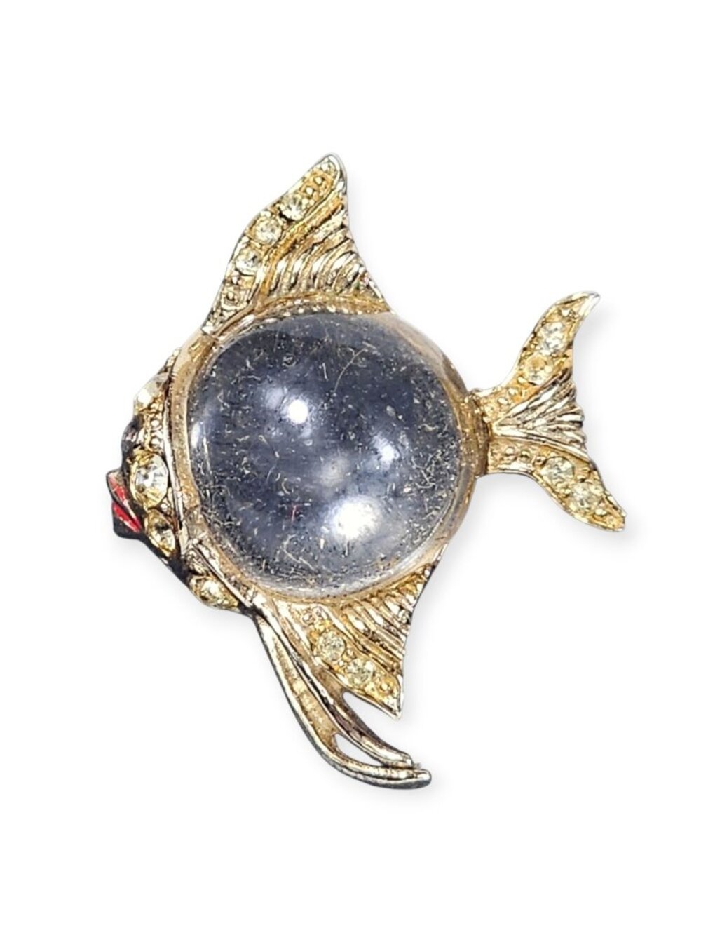 Fish Brooch Gold Tone Rhinestones & Lucite Bubble Belly Dome Jewelry VTG